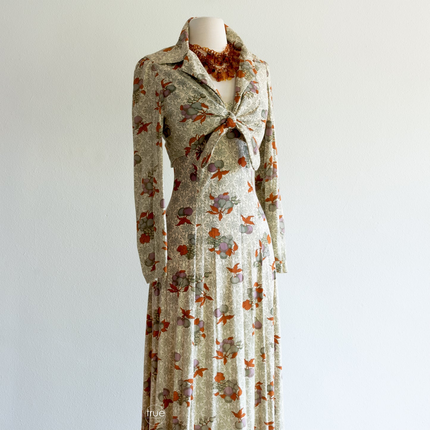 vintage 1960's dress ...gorgeous CALIFORNIA CHARMER by CHARM of Hollywood autumn bounty fruit print maxi dress & jacket