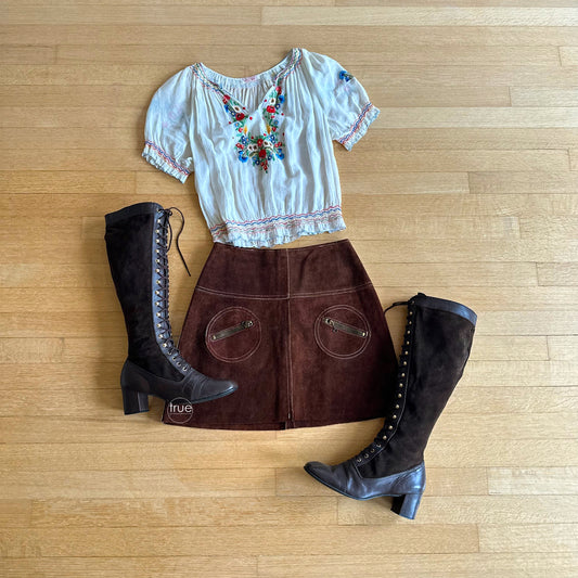 vintage 1960's suede mini skirt ...woodstock era chocolate leather suede topstitched circle pockets w/brass o-ring zippers