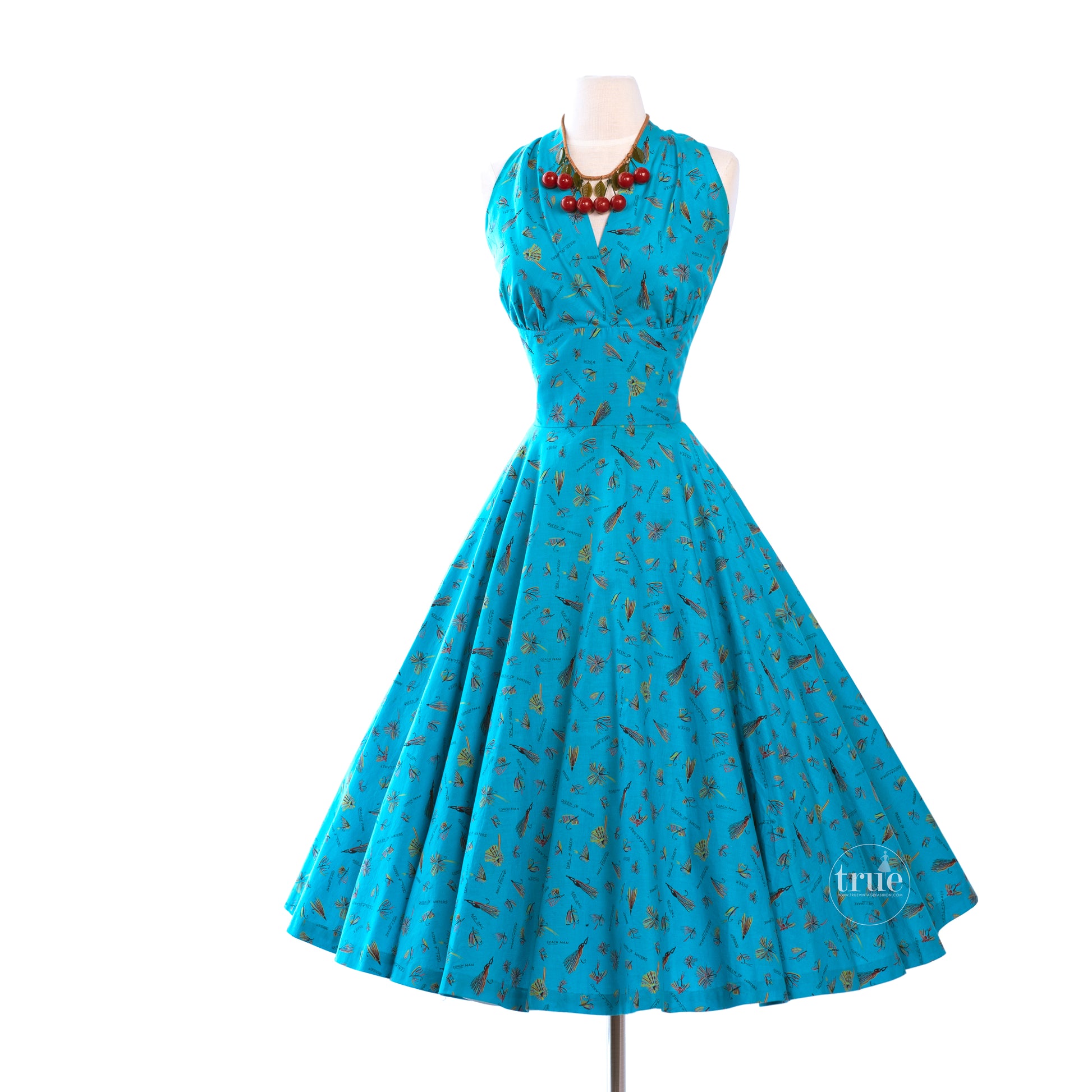 vintage 1950's COVER GIRL of MIAMI cotton fishing lures novelty print halter dress with FULL CIRCLE skirt