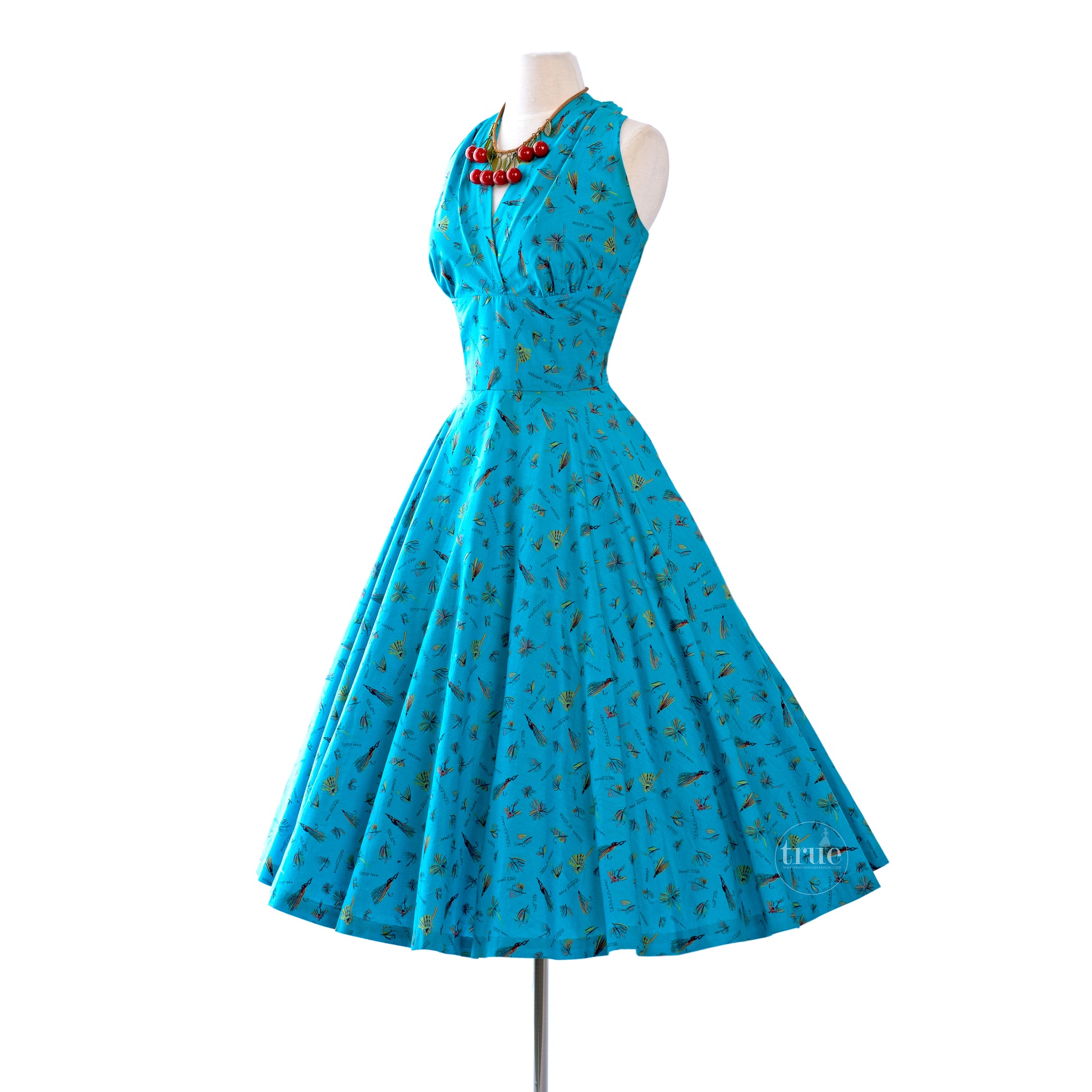 vintage 1950's COVER GIRL of MIAMI cotton fishing lures novelty print halter dress with FULL CIRCLE skirt