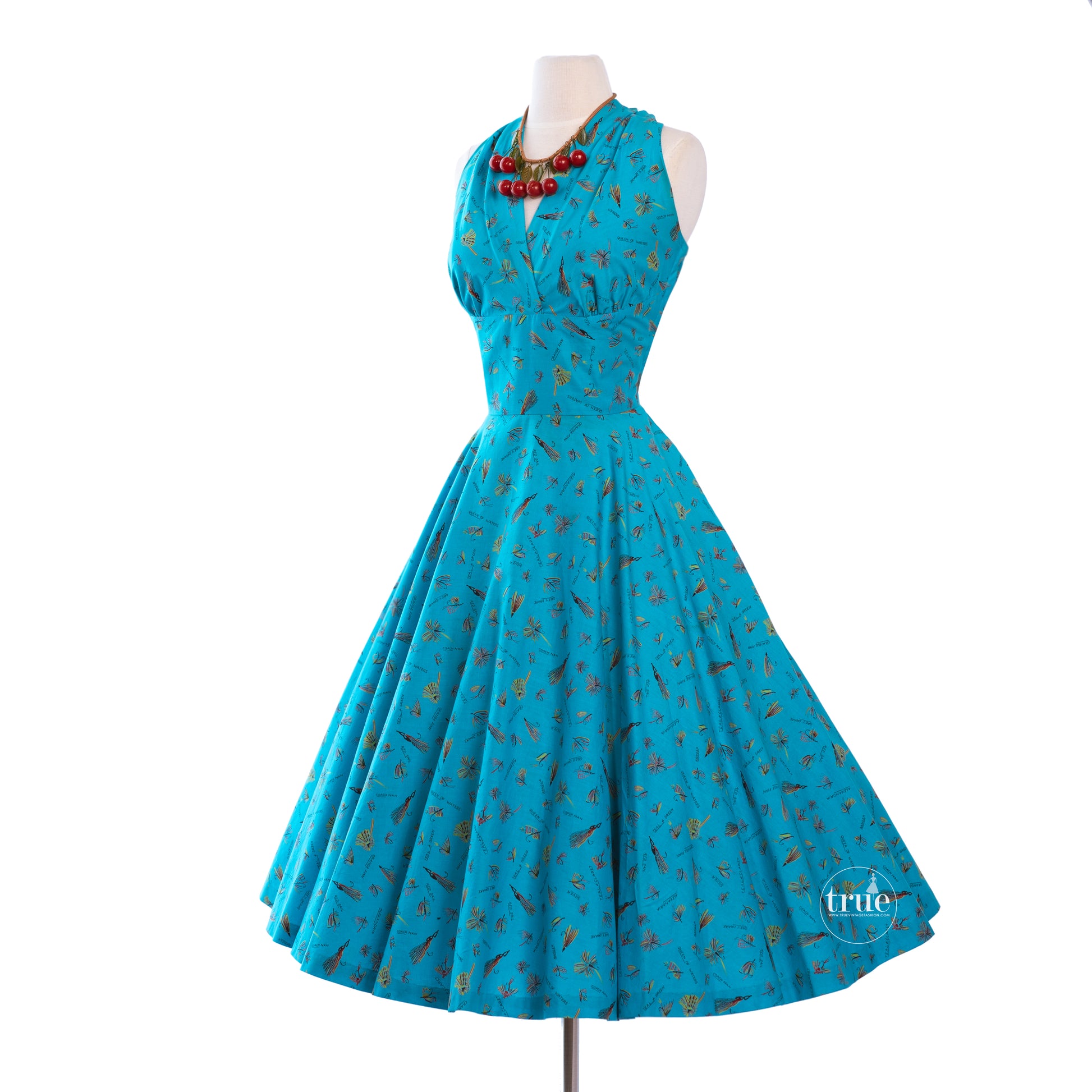 vintage 1950's COVER GIRL of MIAMI cotton fishing lures novelty print halter dress with FULL CIRCLE skirt