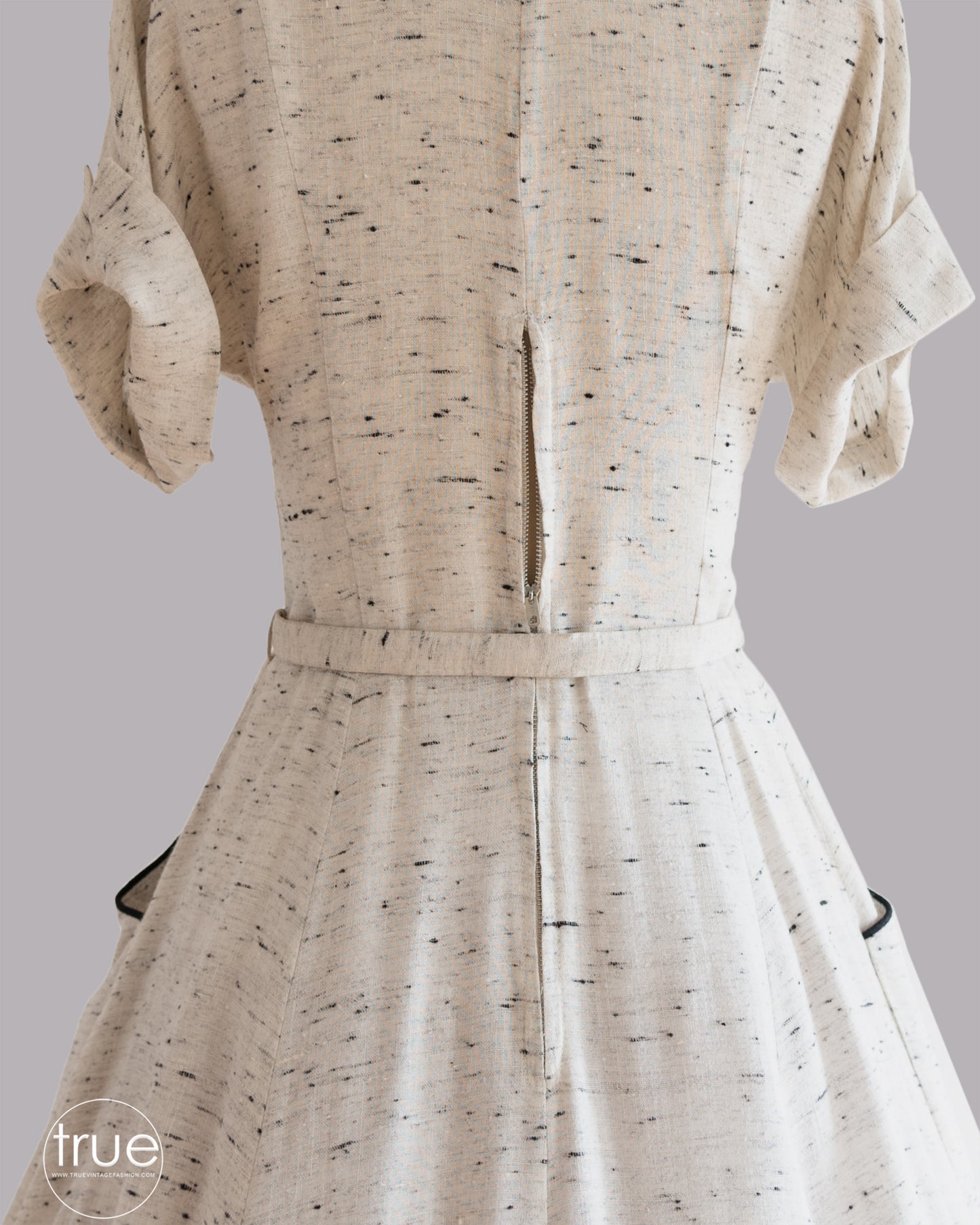 vintage 1950's dress ...classic cream & black slubbed fleck dress