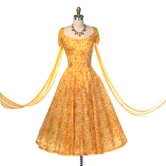 vintage 1950's dress ...pretty sunshine floral Original by Phyllis Dance Time silk full skirt dress with crinoline