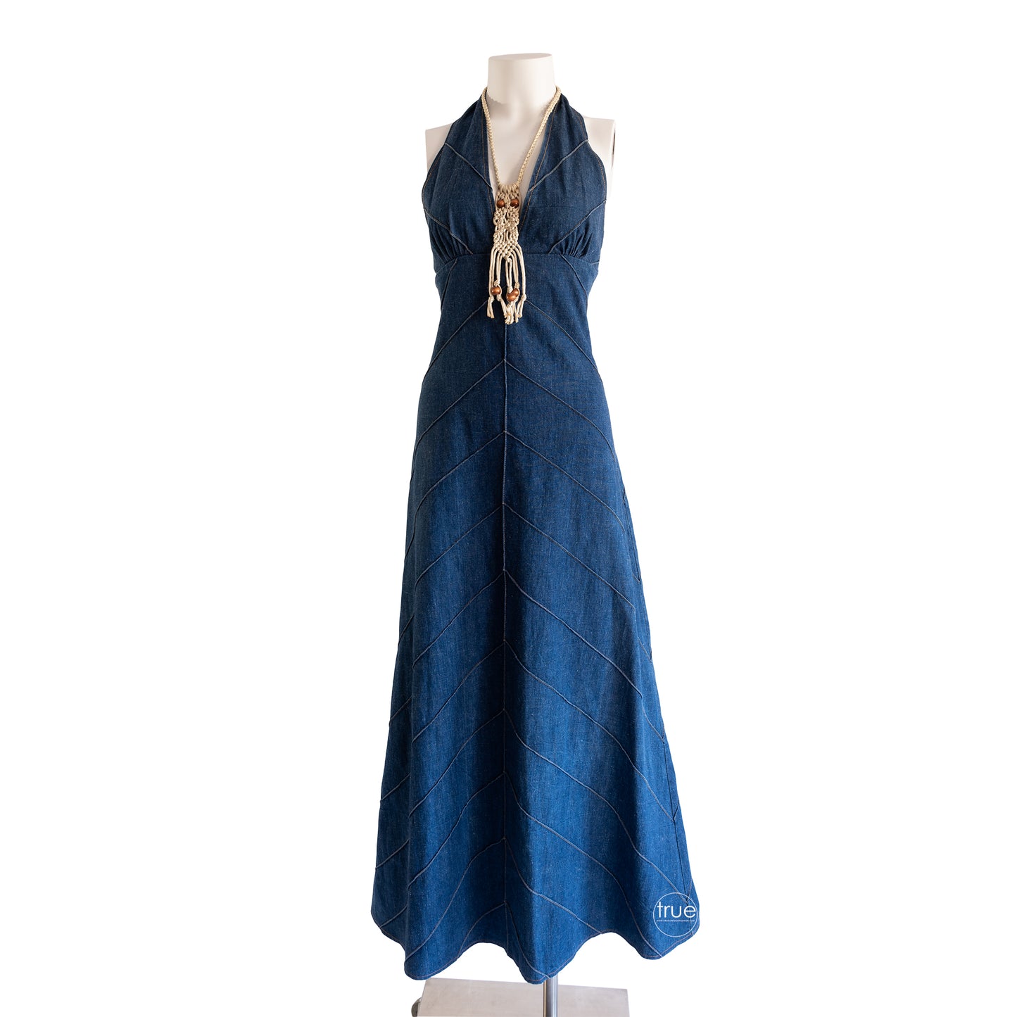 vintage 1970's dress ...2DIE4 denim halter maxi dress with chevron pintucking