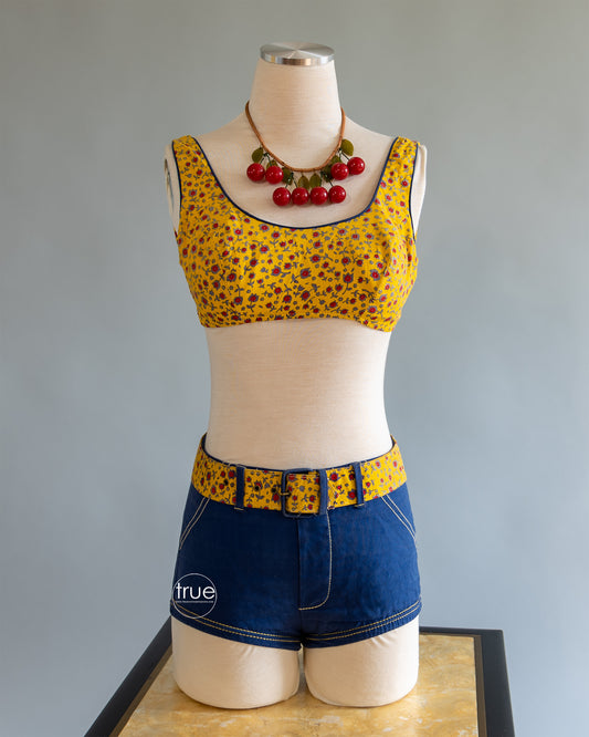 vintage 1950's swimsuit ...cutest EVER 2 piece denim look & floral bathing suit