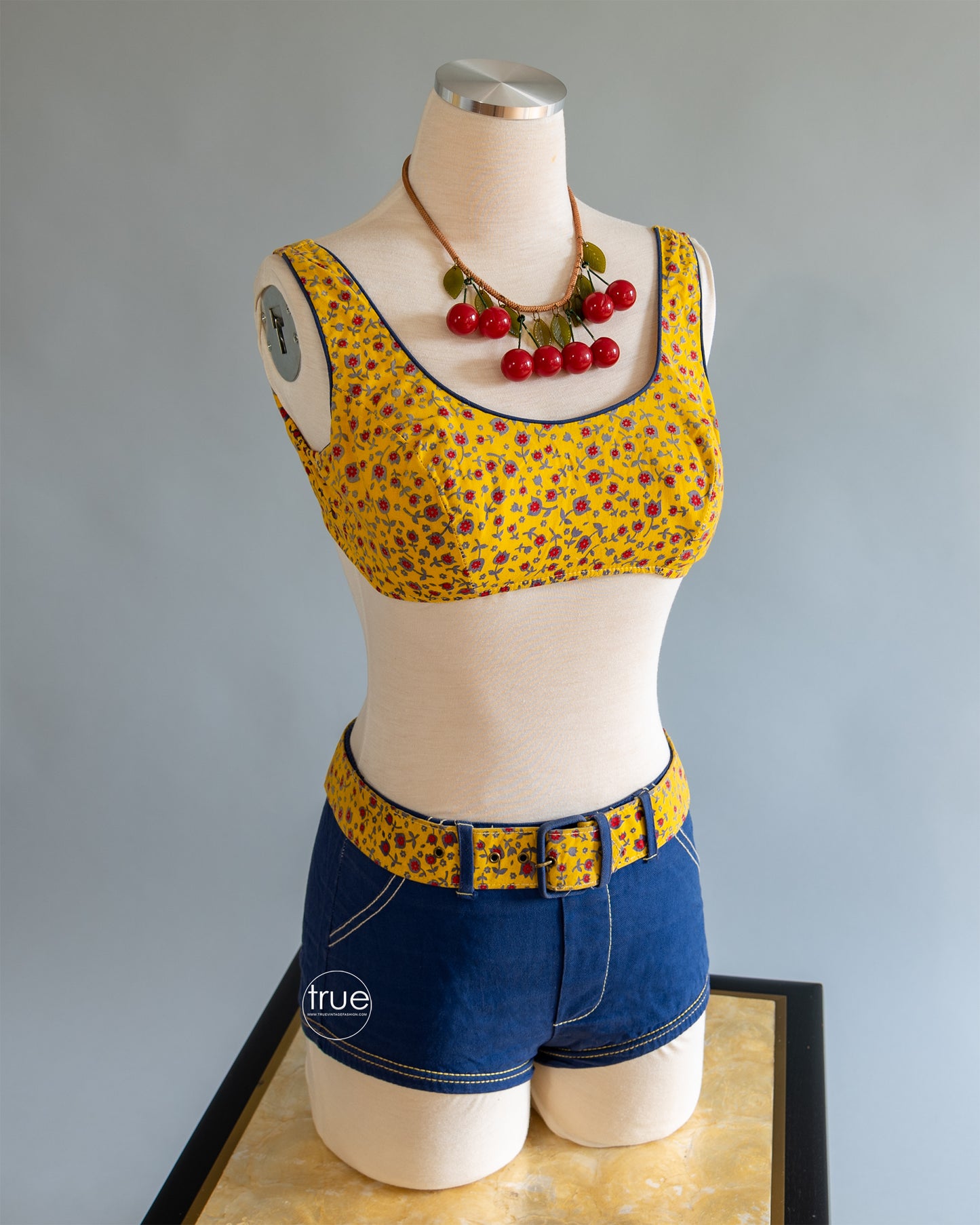 vintage 1950's swimsuit ...cutest EVER 2 piece denim look & floral bathing suit