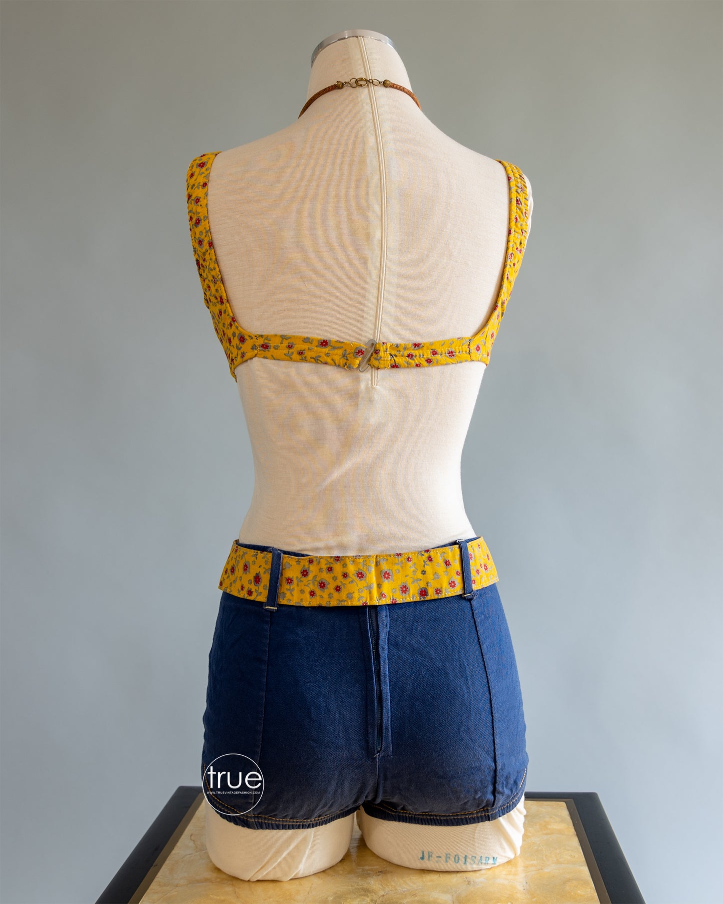 vintage 1950's swimsuit ...cutest EVER 2 piece denim look & floral bathing suit