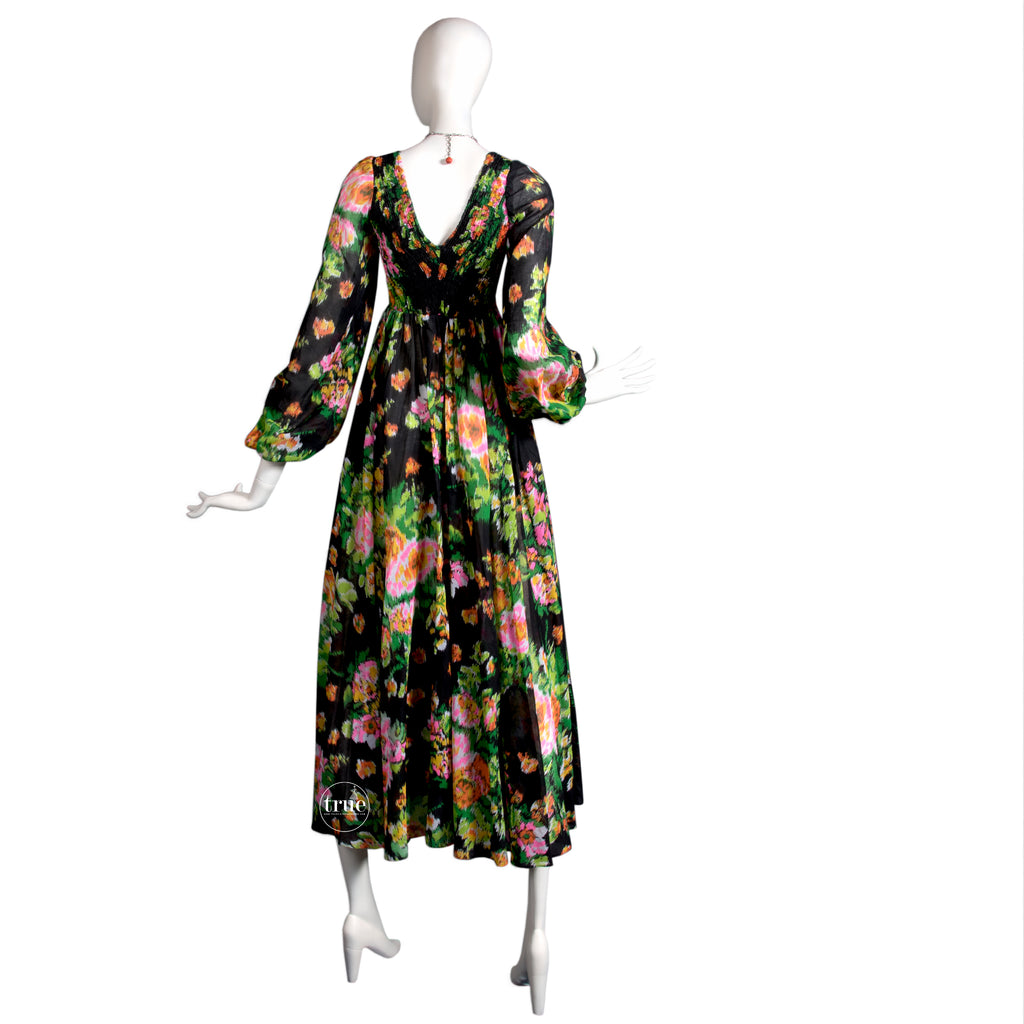 vintage 1970's dress Denise L. brushstroke impressionist black 