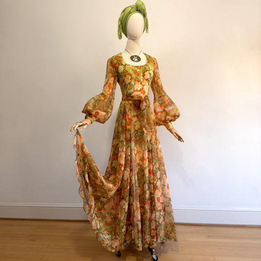 vintage 1970's dress ...glorious DON LUIS de españa sweeping chiffon floral maxi dress