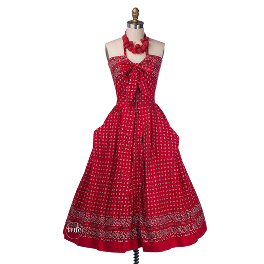 vintage 1940's dress ...styled by Dorian I.MAGNIN & CO. red bandana cotton novelty print halter dress