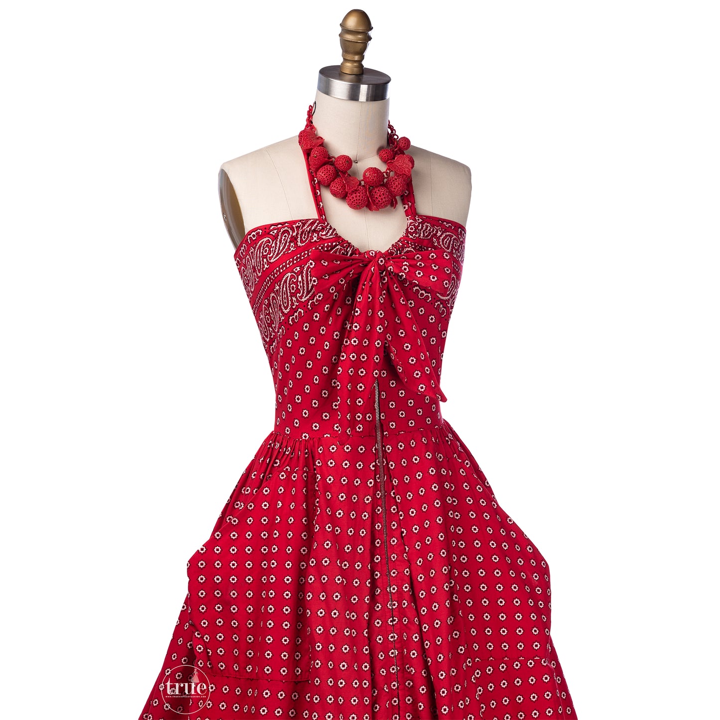 vintage 1940's dress ...styled by Dorian I.MAGNIN & CO. red bandana cotton novelty print halter dress
