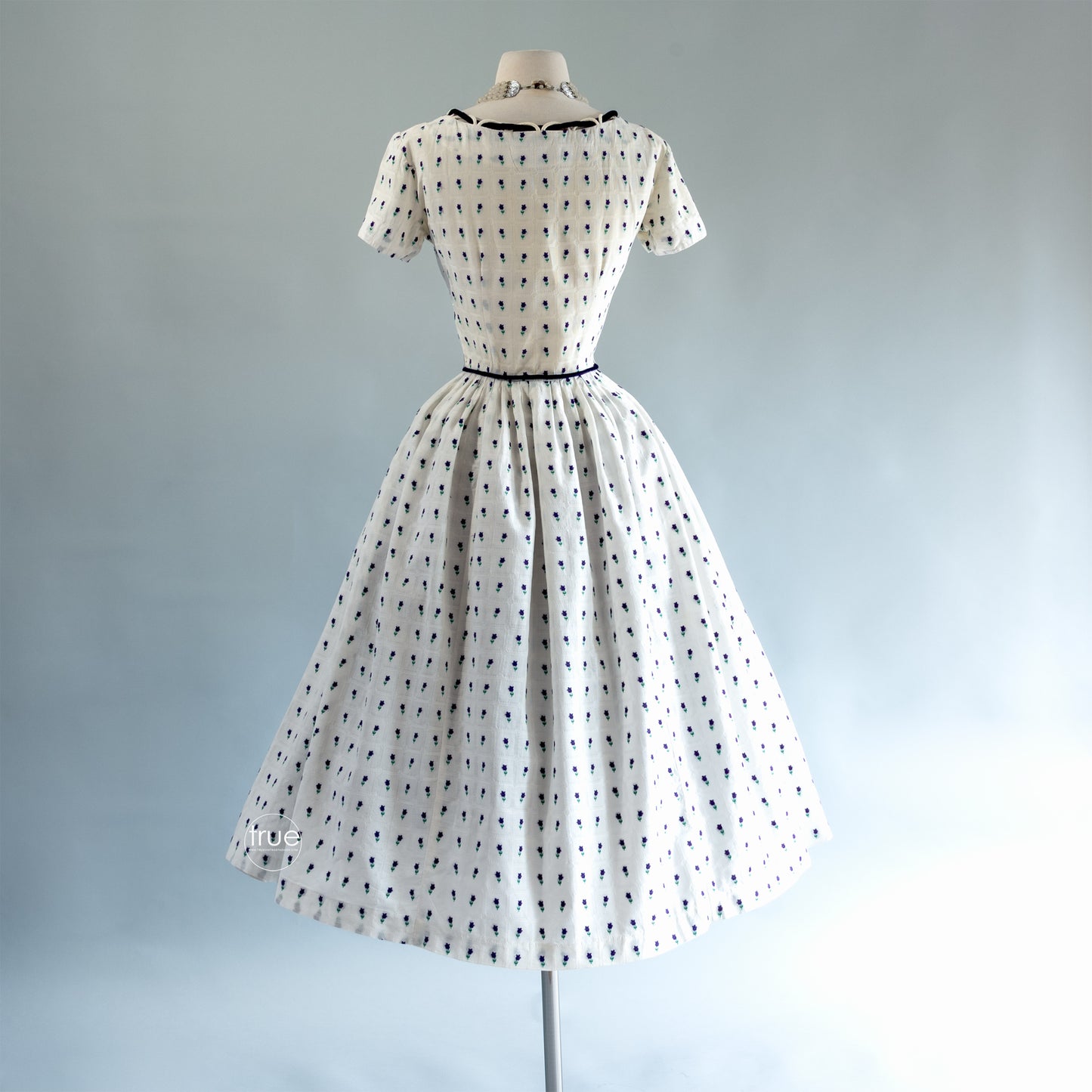 vintage 1940's dress ...pretty DORIS FEIN original needle woven lattice cotton embroidered purple tulip dress