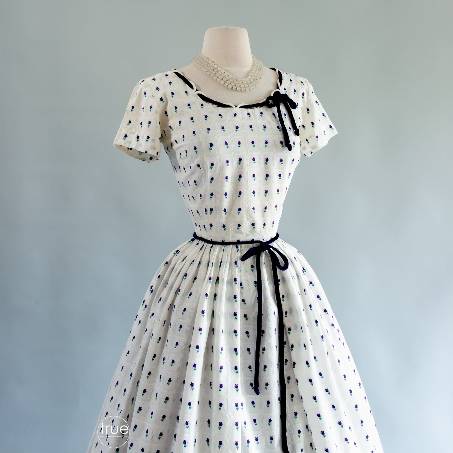 vintage 1940's dress ...pretty DORIS FEIN original needle woven lattice cotton embroidered purple tulip dress