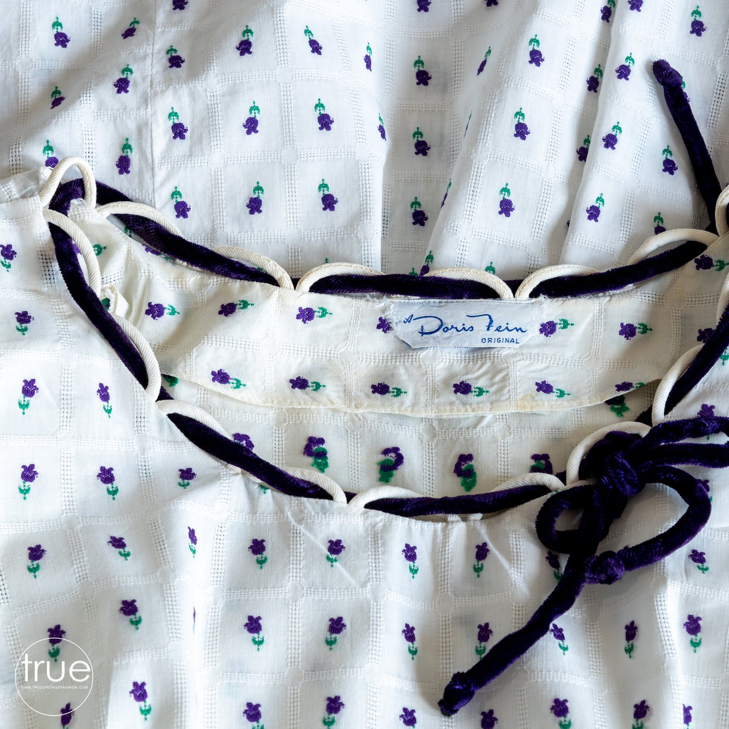 vintage 1940's dress ...pretty DORIS FEIN original needle woven lattice cotton embroidered purple tulip dress
