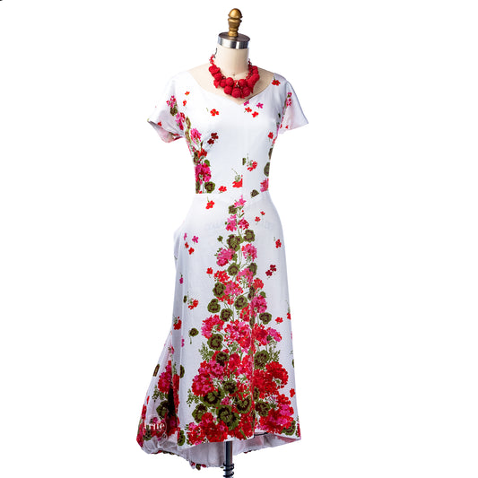 vintage 1950's dress ...spring floral Dorothy O'hara cotton sateen bubble fishtail train bombshell dress