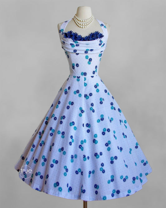 vintage 1950's dress ...blue daisies novelty print shelf-bust cotton halter dress with full circle skirt