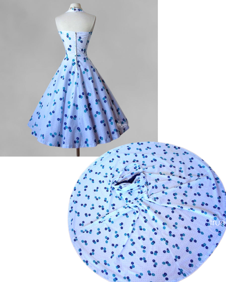 vintage 1950's dress ...blue daisies novelty print shelf-bust cotton halter dress with full circle skirt