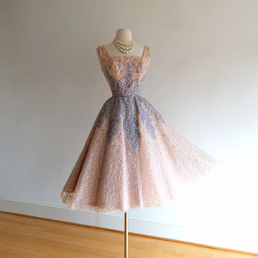 vintage 1950's dress ...very rare new look ESTELLE-FANCHON blush pink fairytale sequins & rhinestones encrusted princess dress