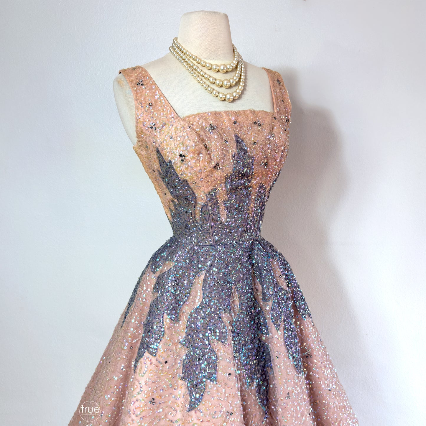 vintage 1950's dress ...very rare new look ESTELLE-FANCHON blush pink fairytale sequins & rhinestones encrusted princess dress