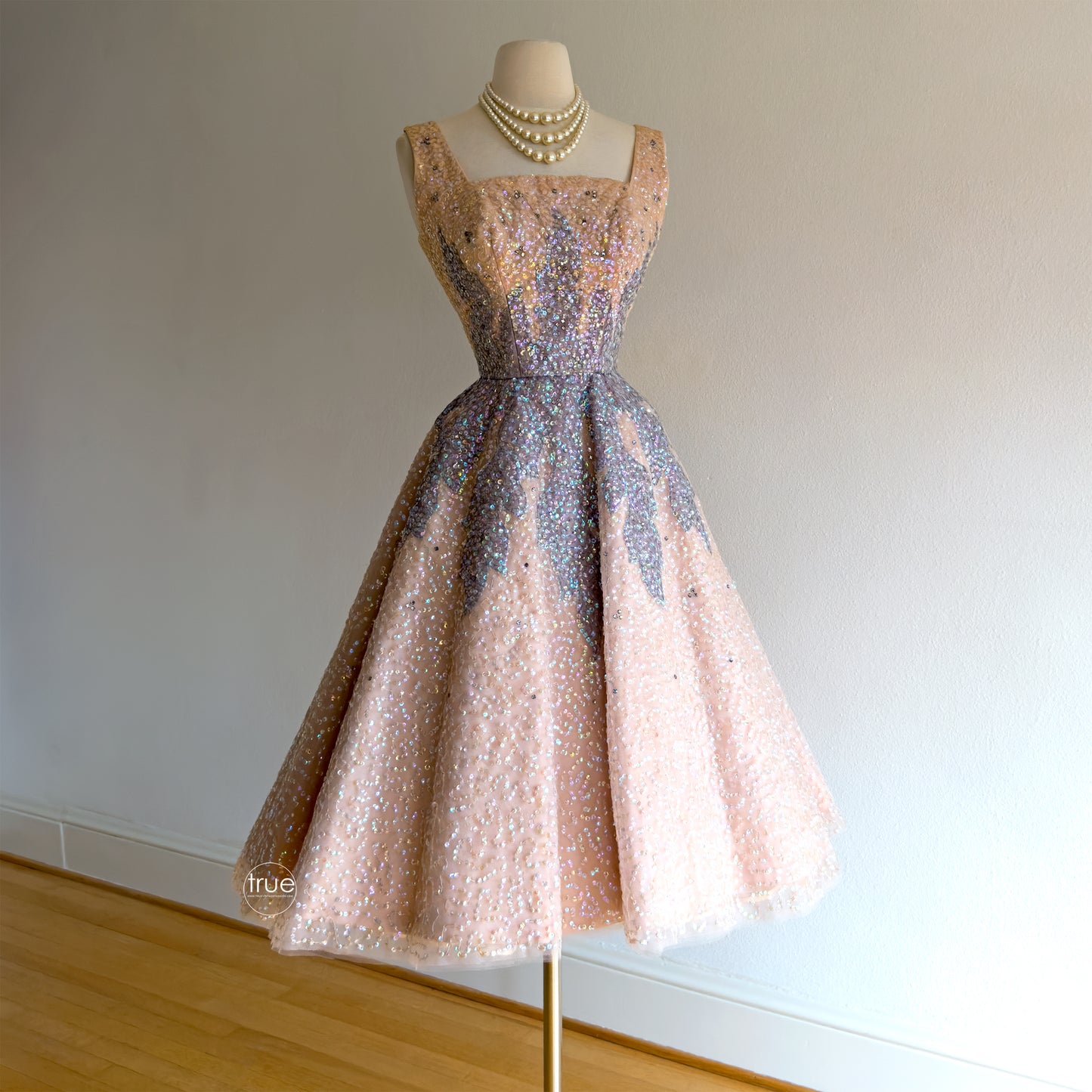 vintage 1950's dress ...very rare new look ESTELLE-FANCHON blush pink fairytale sequins & rhinestones encrusted princess dress