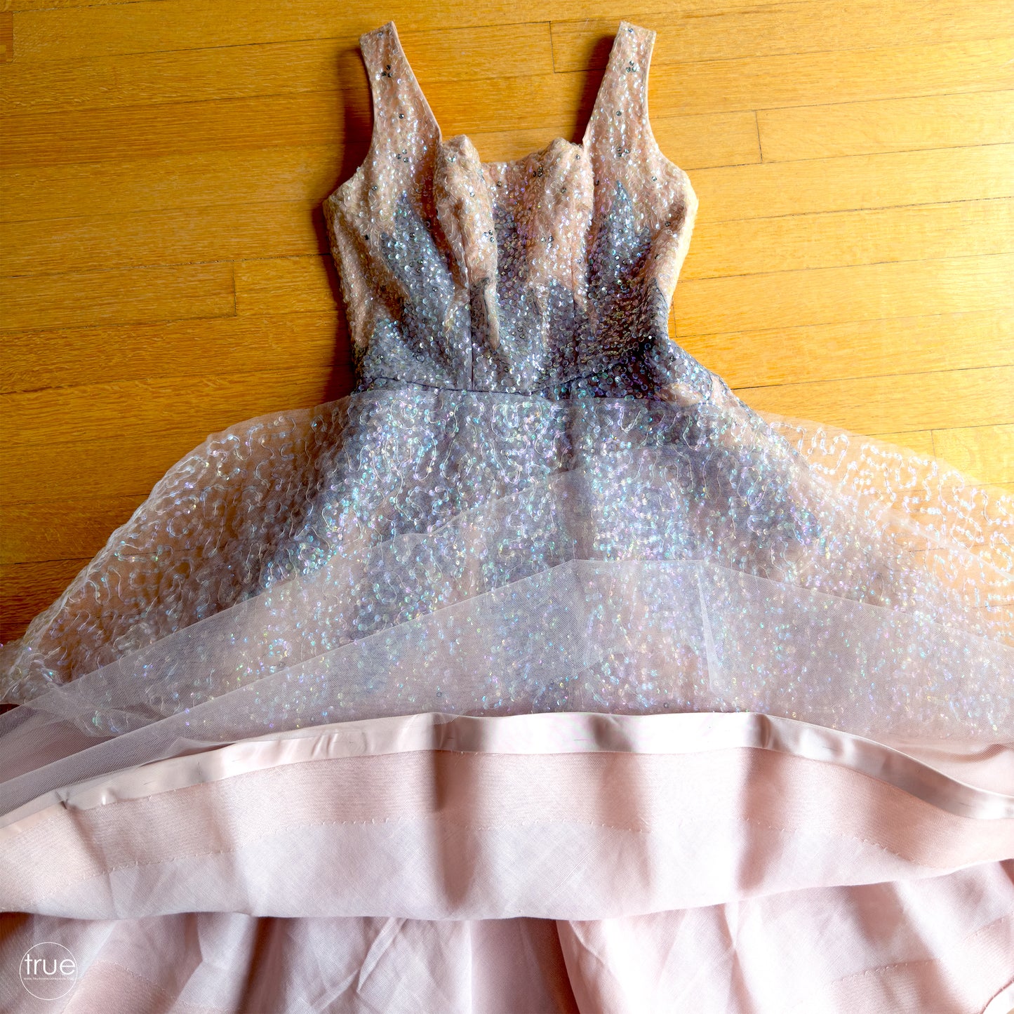 vintage 1950's dress ...very rare new look ESTELLE-FANCHON blush pink fairytale sequins & rhinestones encrusted princess dress