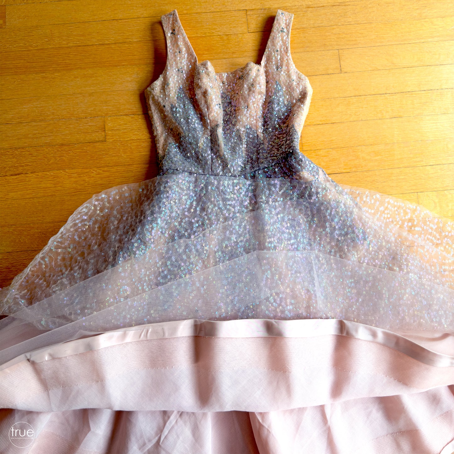vintage 1950's dress ...very rare new look ESTELLE-FANCHON blush pink fairytale sequins & rhinestones encrusted princess dress
