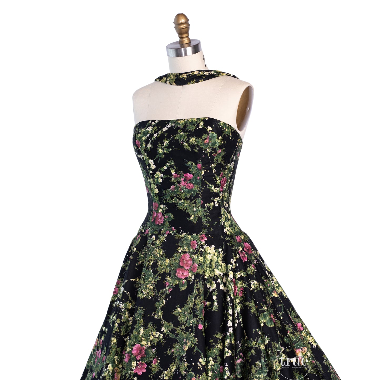 vintage 1950's dress ...extraordinary designer LUIS ESTÉVEZ vibrant floral over black polished cotton reverse halter choker neck dress with FULL CIRCLE skirt