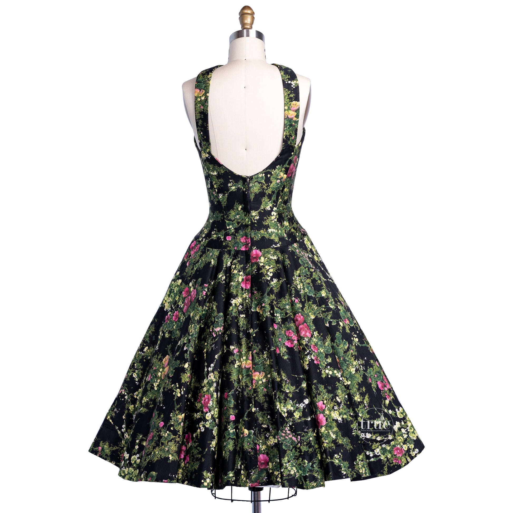 vintage 1950's dress ...extraordinary designer LUIS ESTÉVEZ vibrant floral over black polished cotton reverse halter choker neck dress with FULL CIRCLE skirt