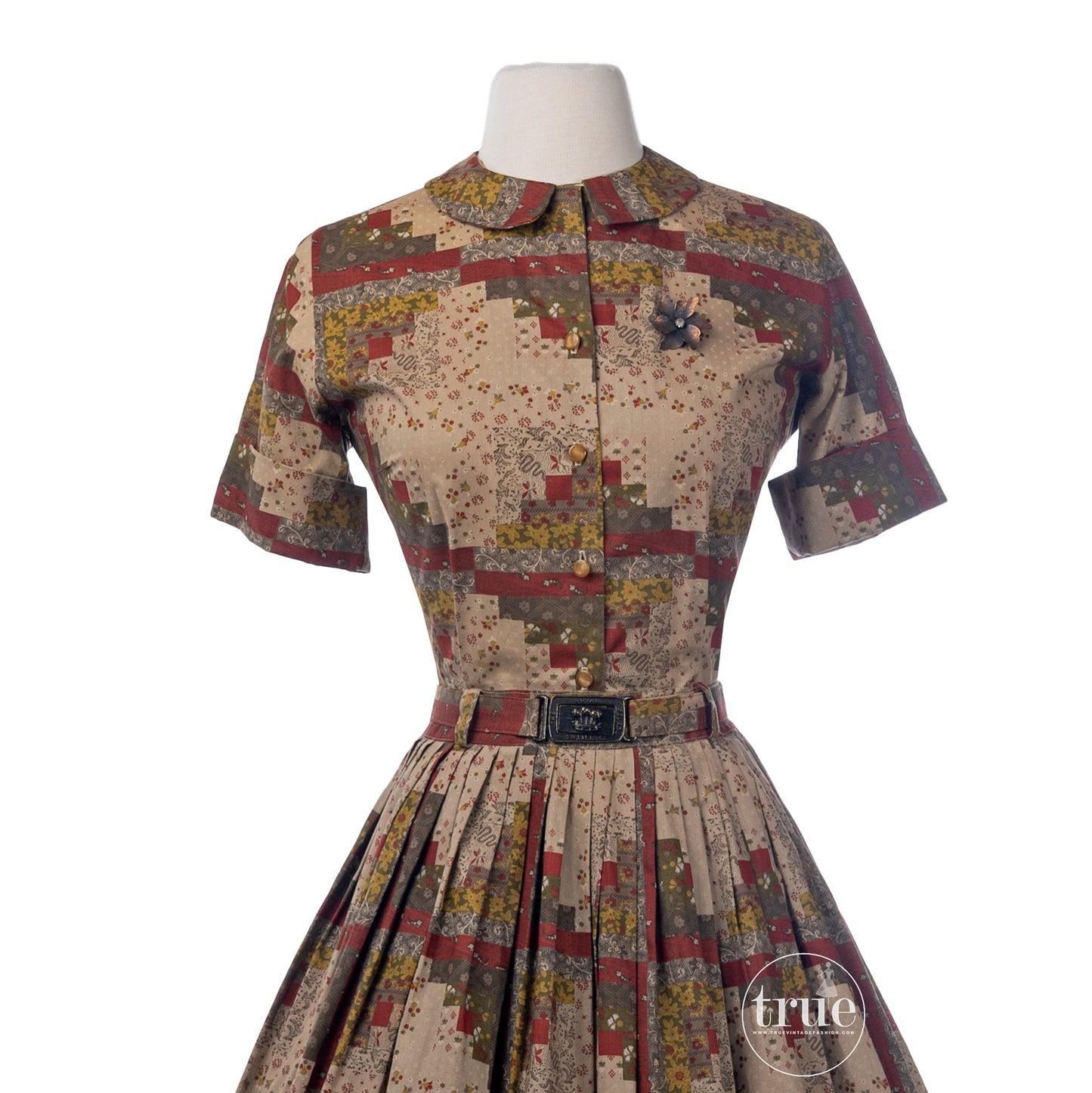 vintage 1950's dress ensemble ...2 piece fall patchwork print top & skirt with the royal welsh fusiliers belt