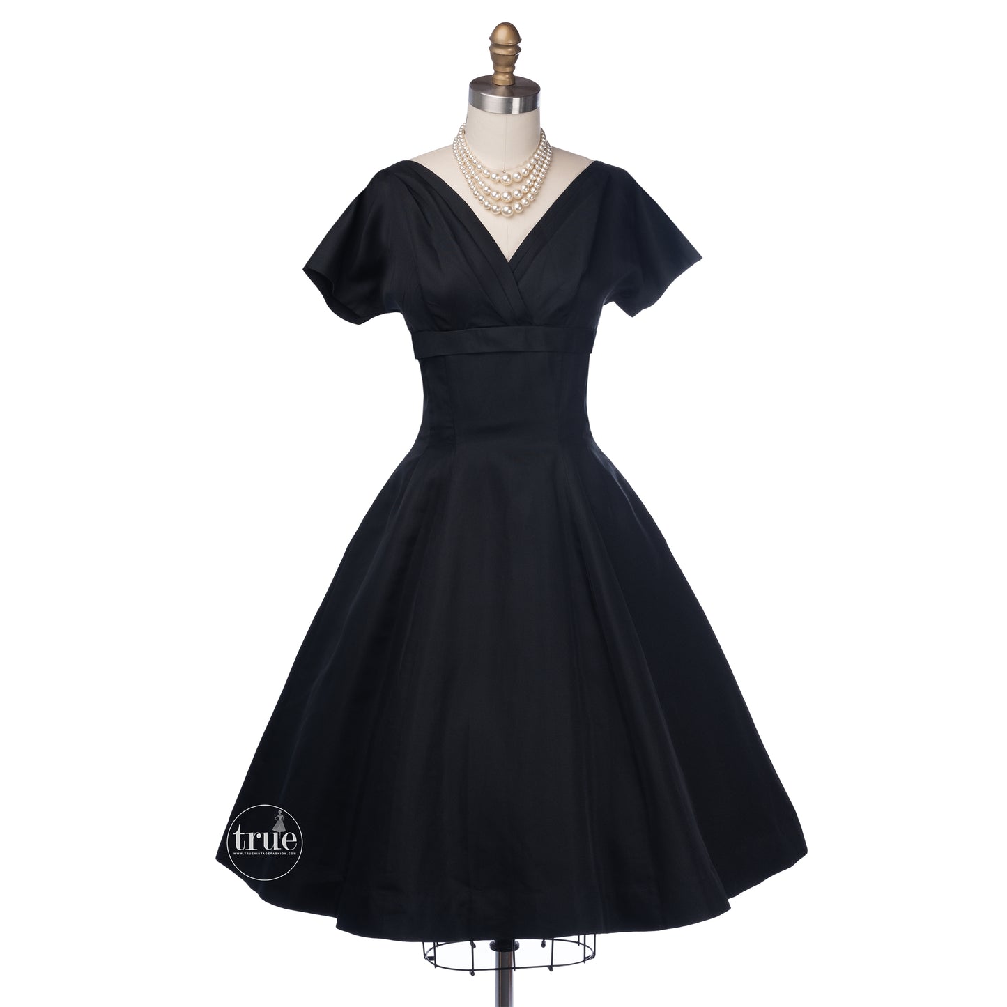 vintage 1950's dress ...simple elegance Madeleine Fauth black full skirt dress with streaming bow