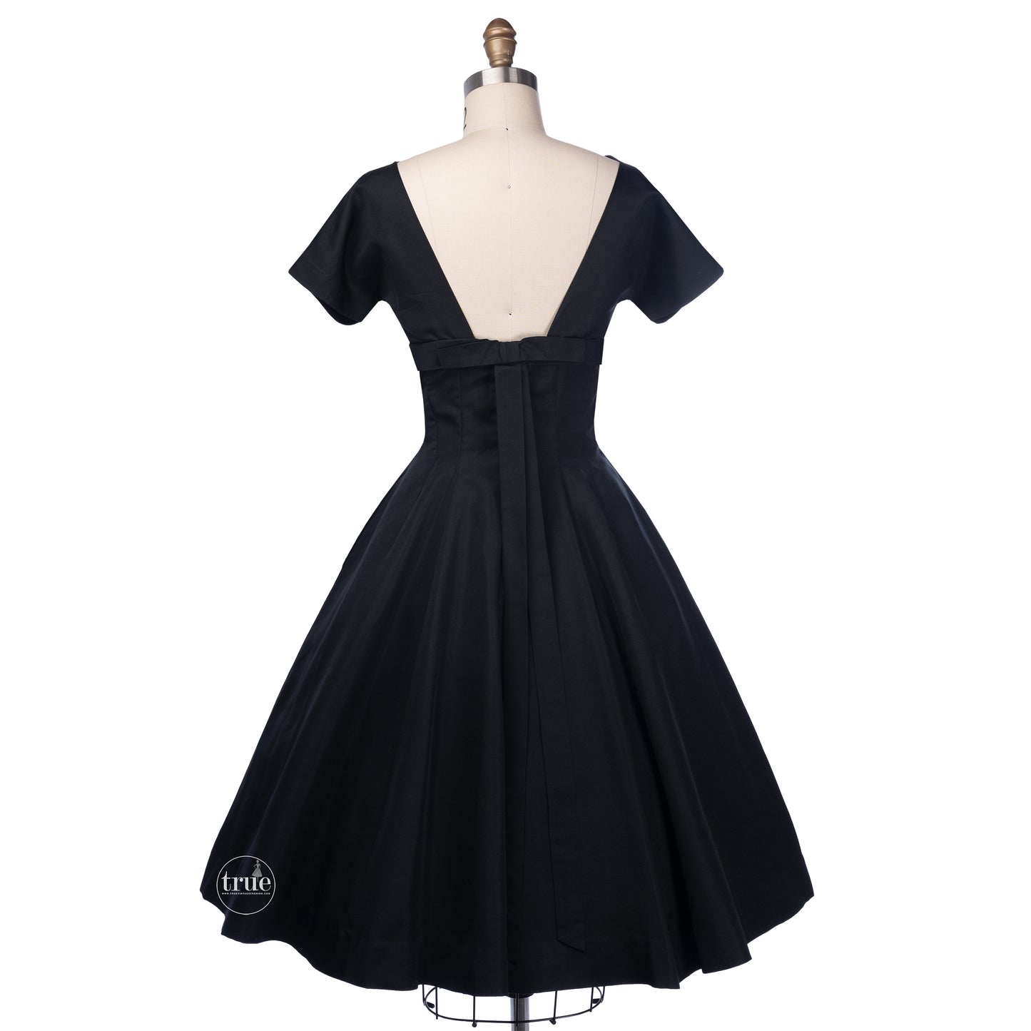 vintage 1950's dress ...simple elegance Madeleine Fauth black full skirt dress with streaming bow