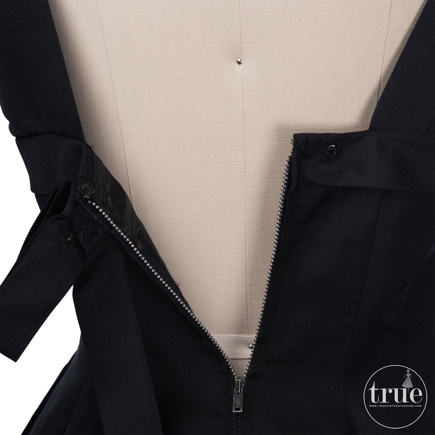 vintage 1950's dress ...simple elegance Madeleine Fauth black full skirt dress with streaming bow