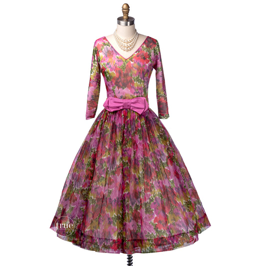 vintage 1950's dress ...colorful floral chiffon full skirt dress