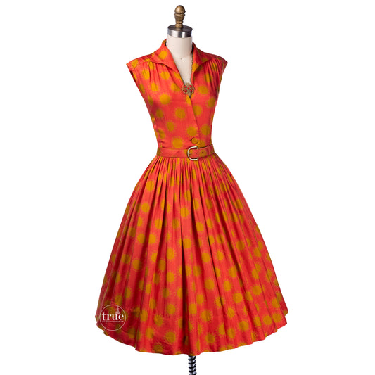 vintage 1950's dress ...lovely Georgia Bullock for I.MAGNIN & CO. silk alexander girard-esque stylized sun novelty print dress