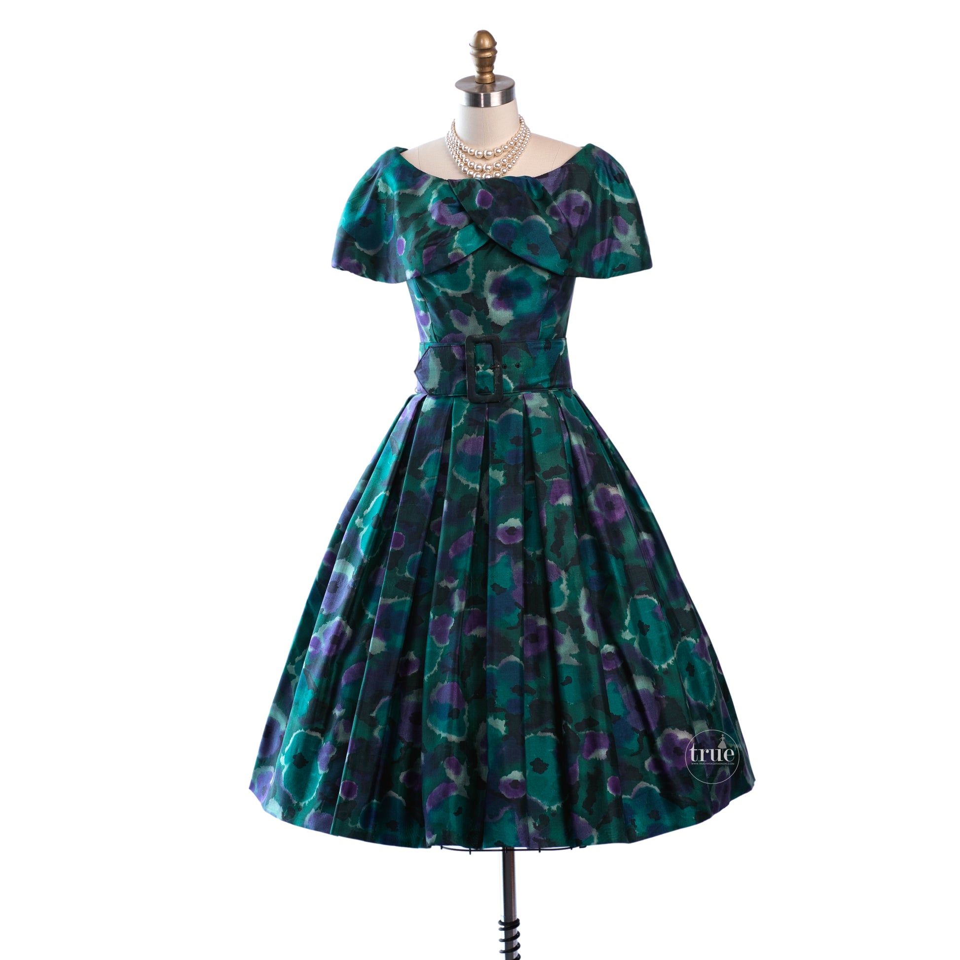 vintage 1950's dress ...dior inspired GIGI YOUNG NEW YORK silk shantung watercolor floral full skirt cocktail party dress