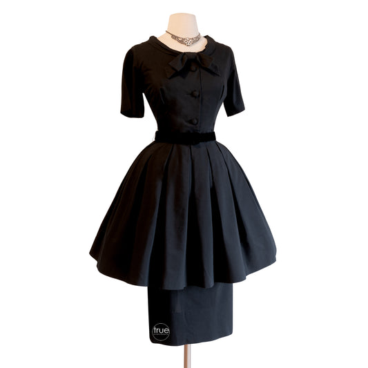 vintage 1950's dress ...black polished cotton GIGI YOUNG new york peplum skirt dress