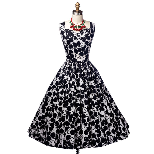 vintage 1950's dress ...fabulous Jerry Gilden B&W cherries print cotton full skirt dress