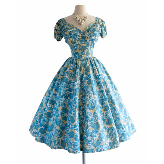 vintage 1950's dress ...classic JERRY GILDEN blue rose floral cotton dress