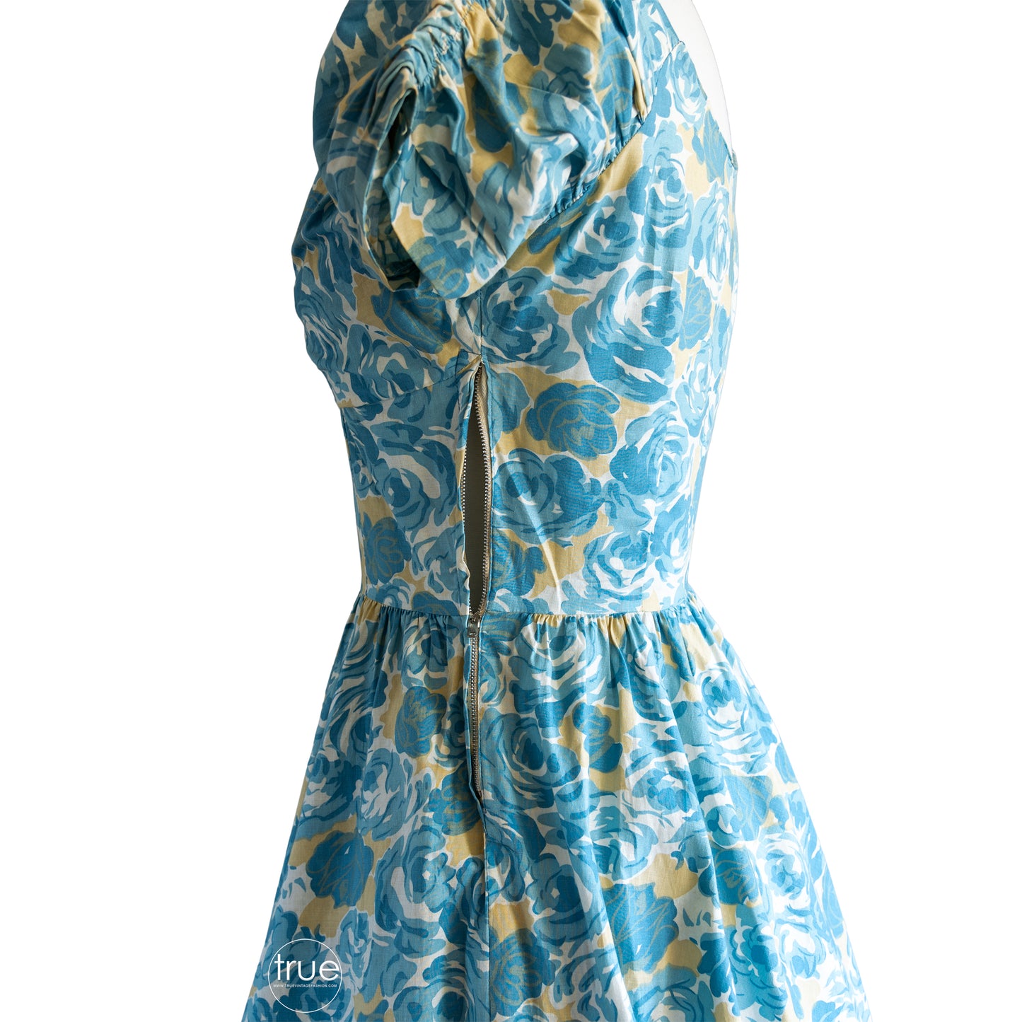 vintage 1950's dress ...classic JERRY GILDEN blue rose floral cotton dress