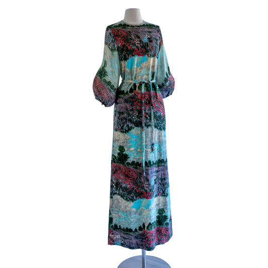 vintage 1970's dress ...rare GOLDWORM monet artist landscape knit dress with sheer bishop sleeves