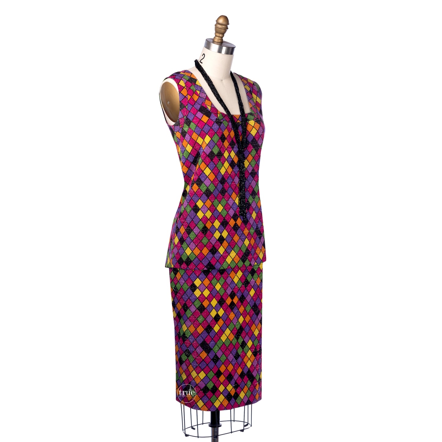 vintage 1960's dress top & skirt ...mod designer Goldworm rainbow harlequin tunic & skirt