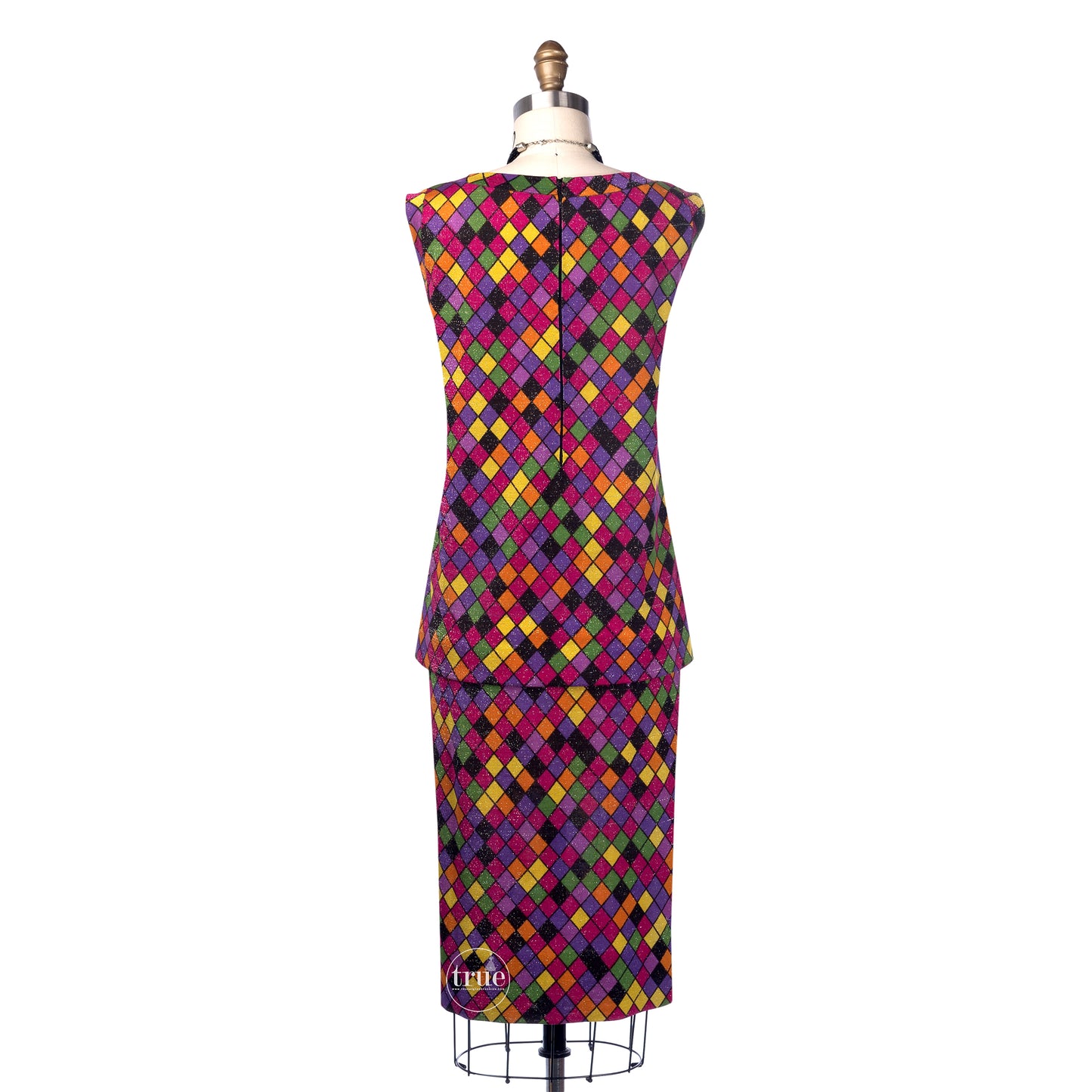 vintage 1960's dress top & skirt ...mod designer Goldworm rainbow harlequin tunic & skirt