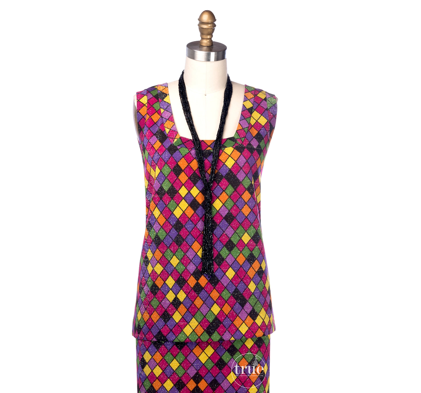 vintage 1960's dress top & skirt ...mod designer Goldworm rainbow harlequin tunic & skirt