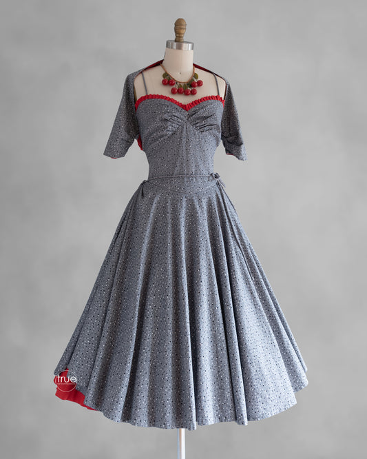 vintage 1950's dress ...fabulous gray with screened POLKA DOTS dress & shrug