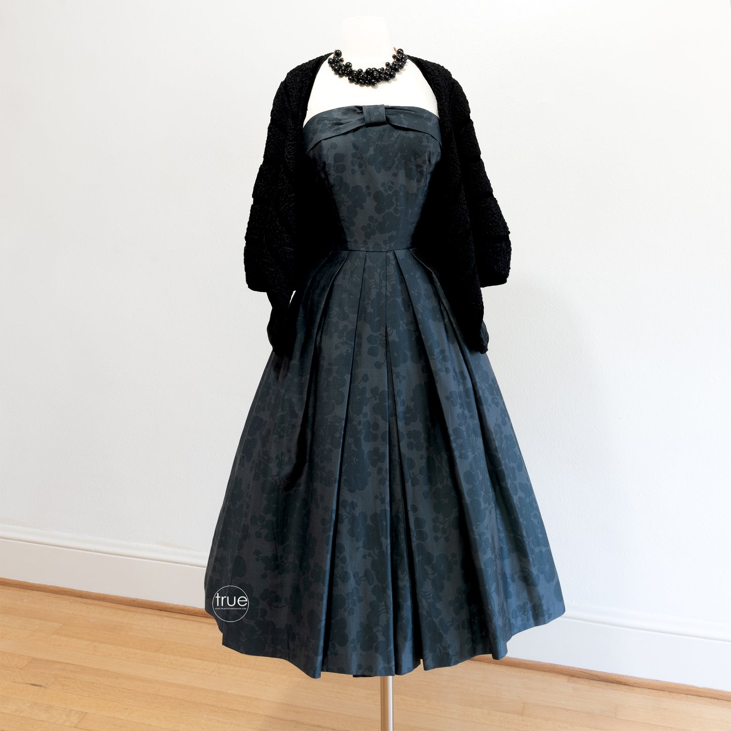 vintage 1950's dress ...gorgeous deep pewter with floral shadow print rich cotton sateen full skirt dress