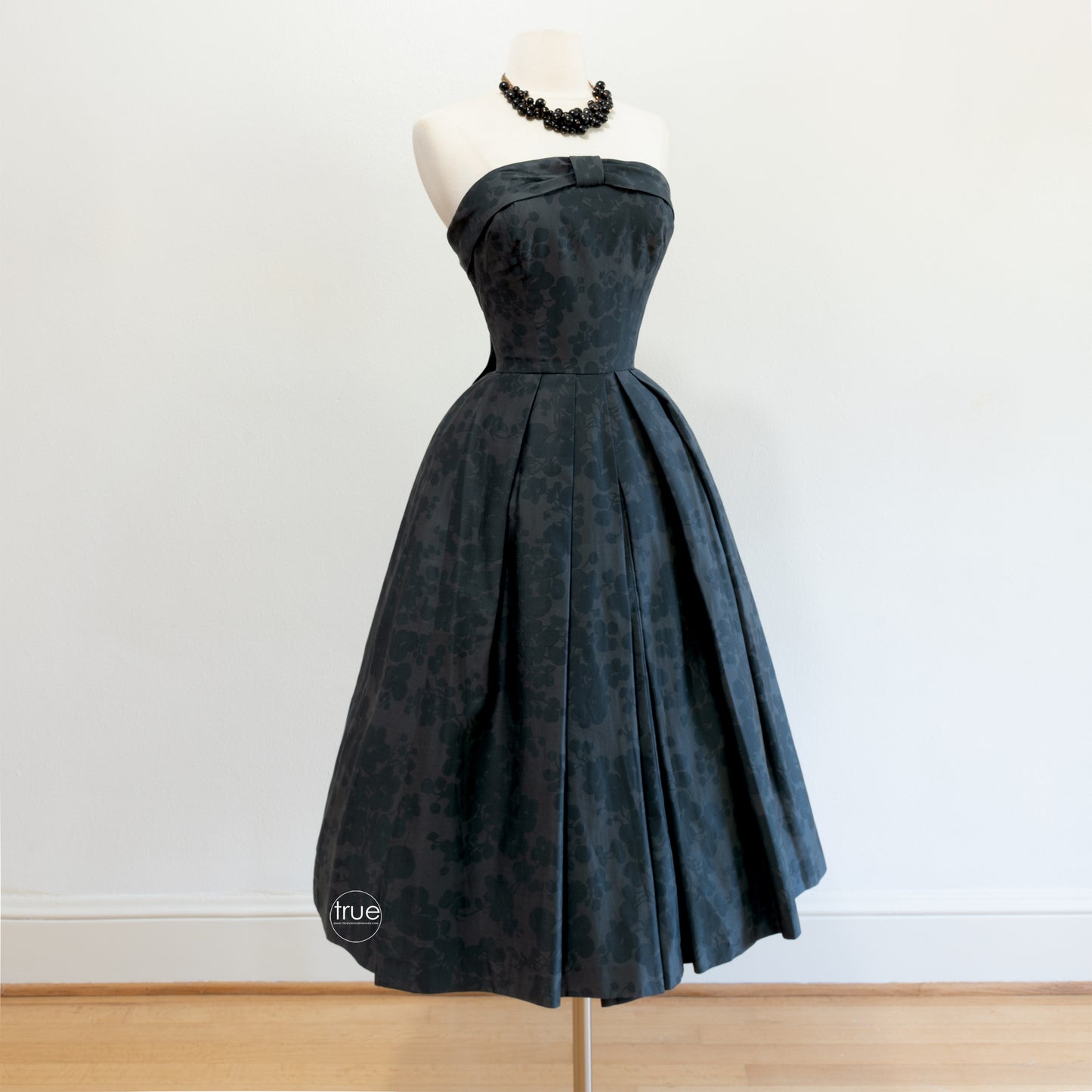 vintage 1950's dress ...gorgeous deep pewter with floral shadow print rich cotton sateen full skirt dress