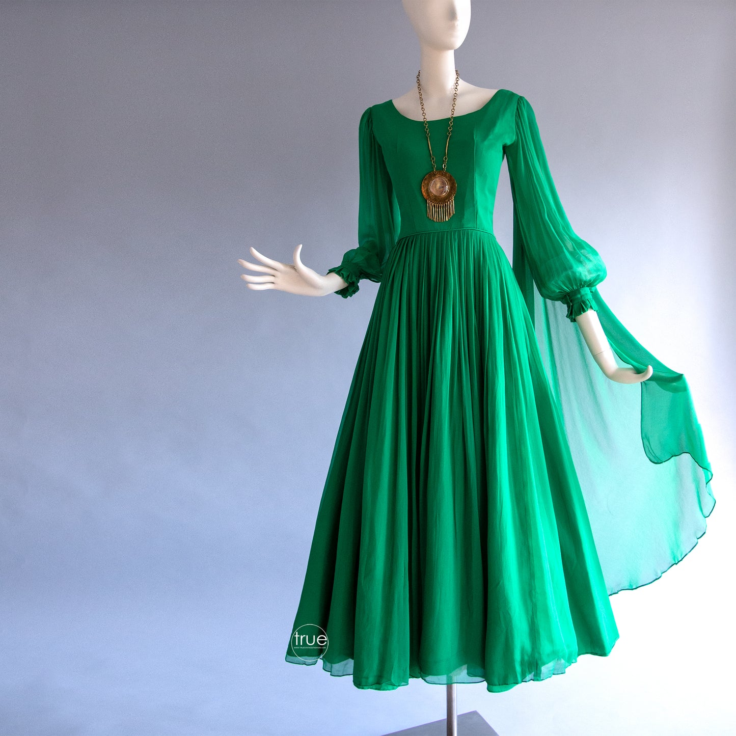 vintage 1960's dress ...ethereal emerald chiffon goddess dress with shoulder shash