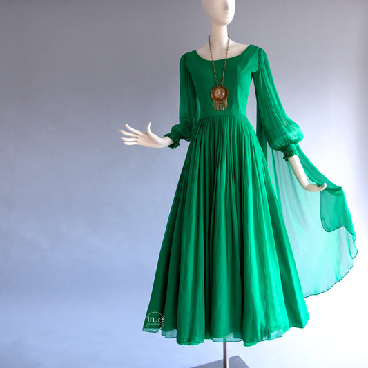 vintage 1960's dress ...ethereal emerald chiffon goddess dress with shoulder shash