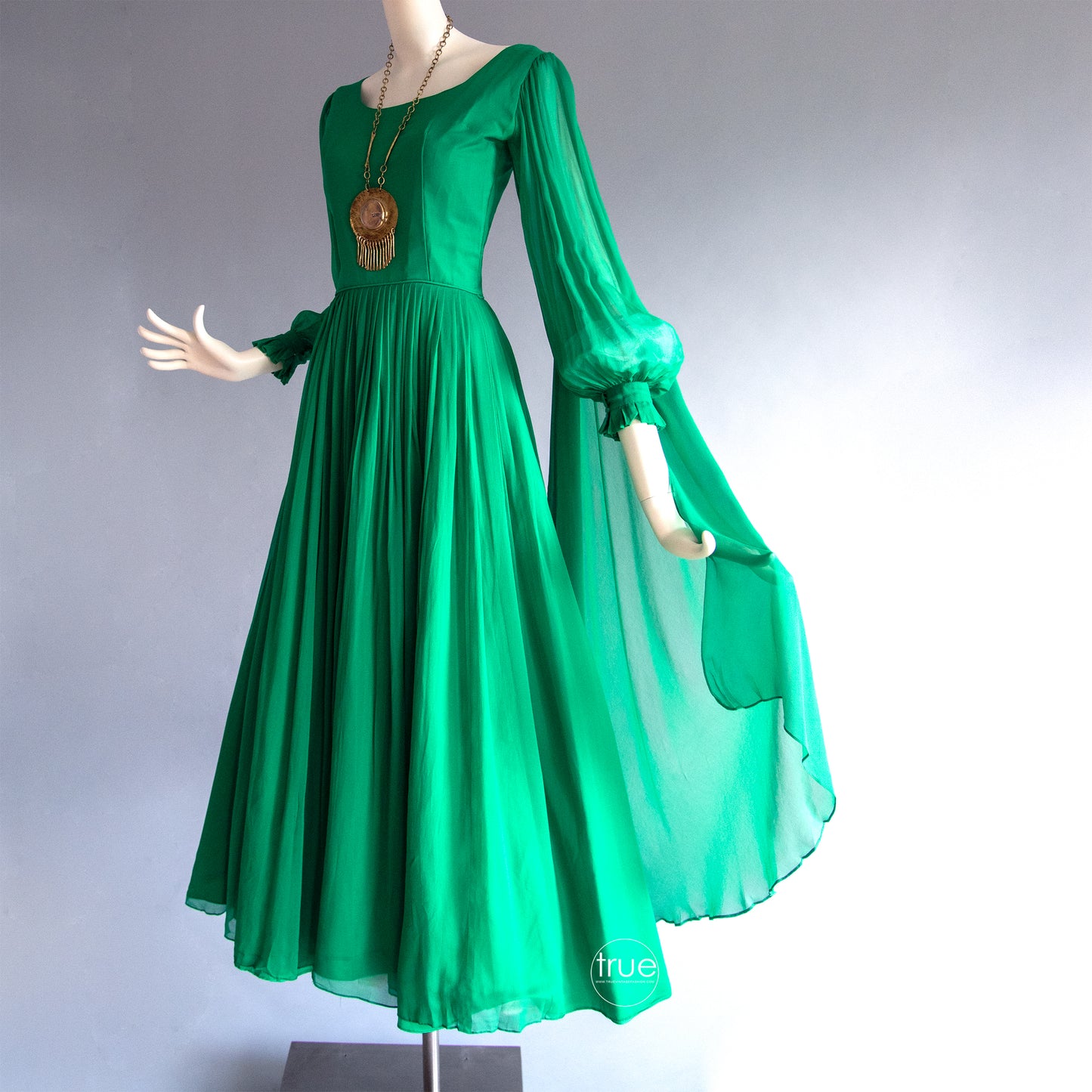 vintage 1960's dress ...ethereal emerald chiffon goddess dress with shoulder shash