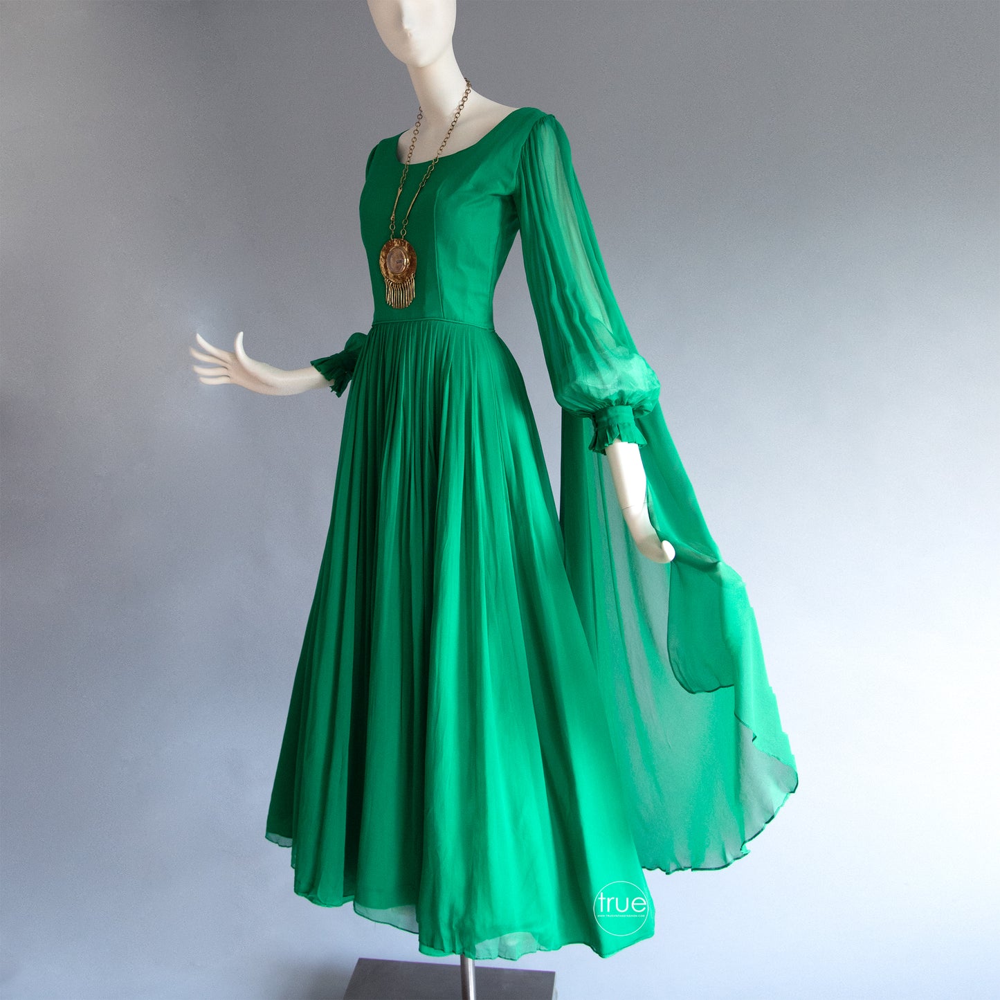 vintage 1960's dress ...ethereal emerald chiffon goddess dress with shoulder shash